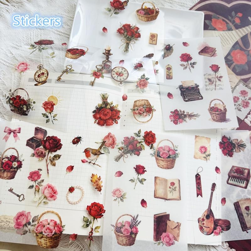 Rose Botanical Bullet Junk Journal Kit, Red Aesthetic Scrapbooking Supplies - Image 4