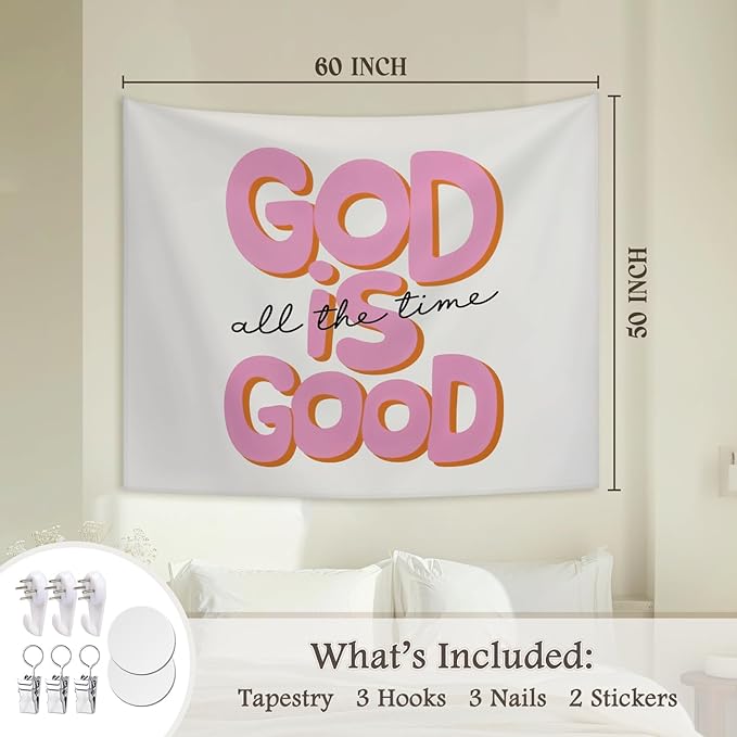 STHTTSW God Is Good All the Time Tapestry, Pink Christian Tapestries Wall Blanket, Retro Bible Wall Hanging Decor for Teen Girl Women Bedroom Home Church Prayer Room, 50x60 Inch