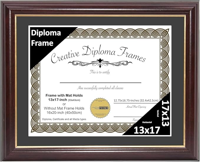 Creative Picture Frames 13x17 Mahogany Gold Rim Diploma Frame with Black Mat Glass and Installed Wall Hangers | Frame Holds 16x20 Media without Mat