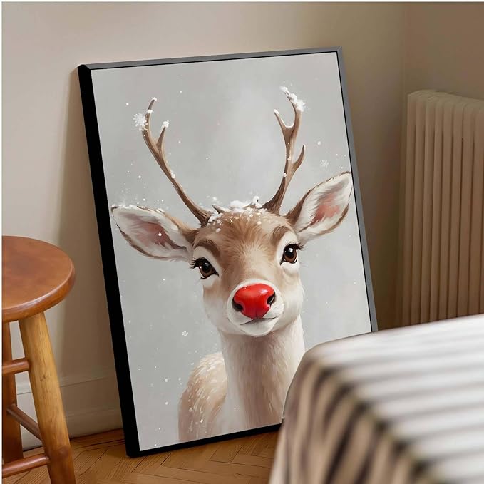 Framed Canvas Wall Art Red Nosed Reindeer Christmas Farmhouse Mantle Canvas Wall Art Print Farmhouse Christmas Poster 24x36in Metal blackFramed