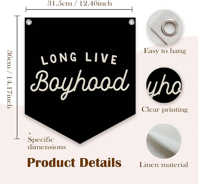 Lacama Long Live Boyhood Linen Banner, Vintage Room Decor,Boy Bedroom Wall Hanging Banner Pennant Flag Decor for Nursery Playroom Toddler Nursery Decor Kids Room,12.4x14 in(Black)