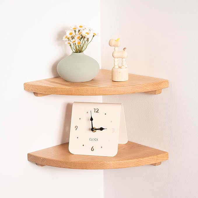 Floating Corner Shelves Oak 10", Solid Oak Wall Mounted Wooden Display Storage Rack with Wire Hole for Plants, Photos, Speakers, Bedroom, Kitchen, Living Room Décor - 2-Pack