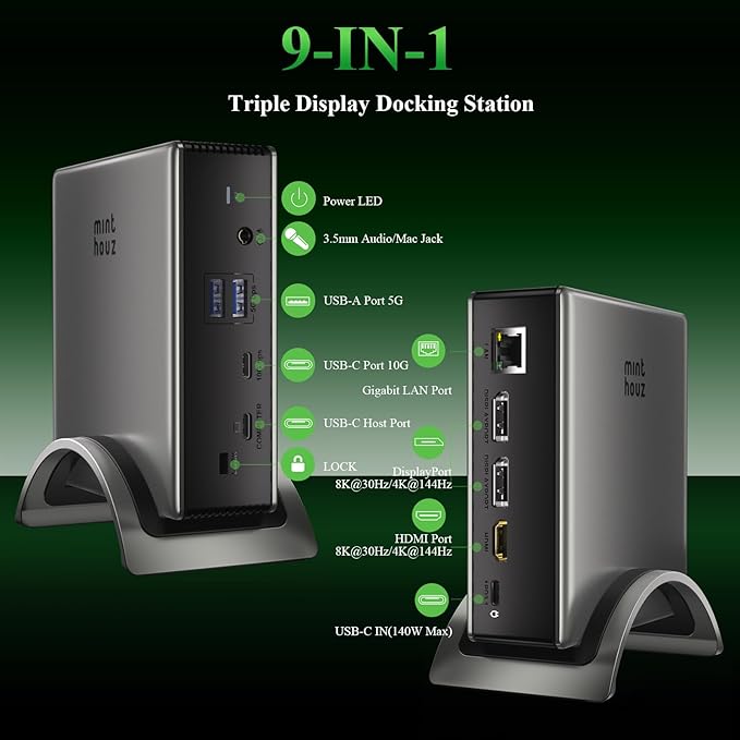 USB C Docking Station Minthouz Laptop Docking Station 3 Monitors with 4K@144Hz 2* DP +HDMI 140WPD Charger, 10Gbps USB A/C Ports, Gigabit Ethernet, Audio/Mic USB C Hub for MacBook,Dell,HP,Surface