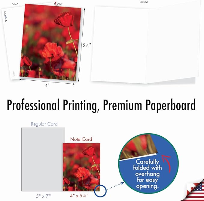 The Best Card Company - 10 Blank Note Cards with Flowers (4 x 5.12 Inch) - Floral Notecards, All Occasion Boxed Assortment - Poppy Love M2019