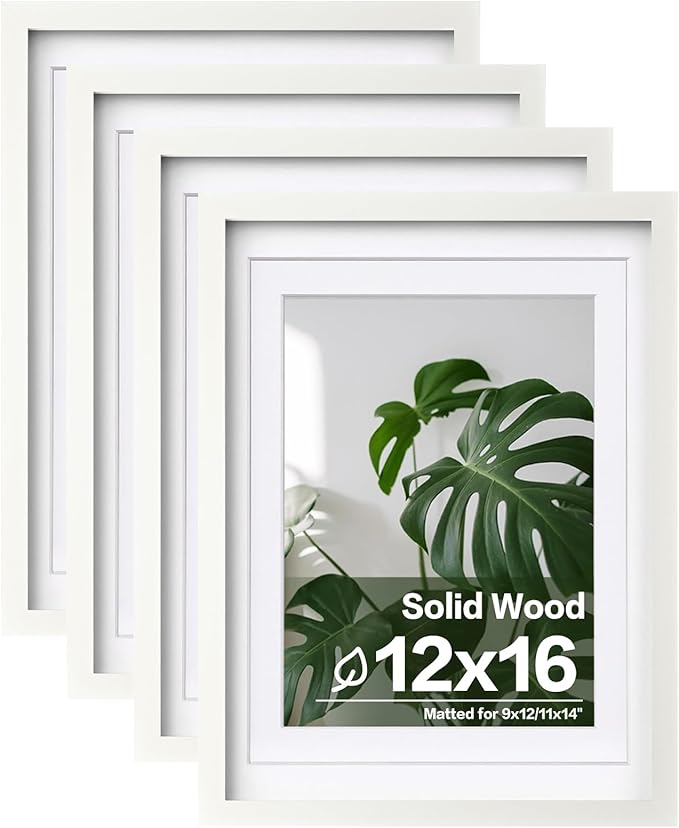 Egofine 12x16 Picture Frames 4PCS Covered by Plexiglass, Made of Solid Wood, Display Pictures 9x12/11x14 with Mat or 12x16 Without Mat for Wall Mounting, White with Texture