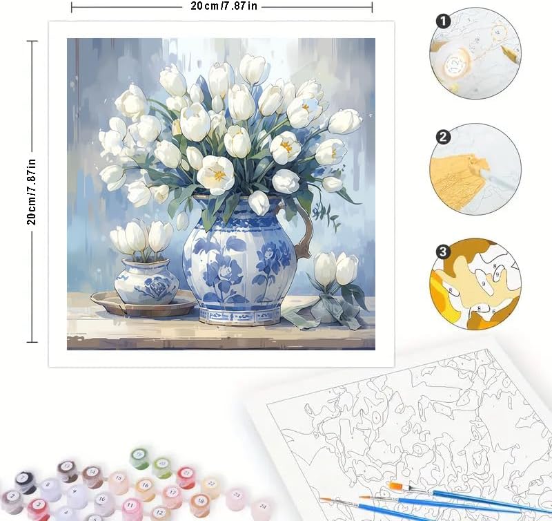 TAOPAOLAB Floral Digital Painting Kit for Adults - DIY White Tulips in Blue Porcelain Vase Oil Painting on Canvas 7.87×7.87in, Framed Acrylic Paint Kit, Good for Beginners, Home Decor or Gift Artwork - Image 2