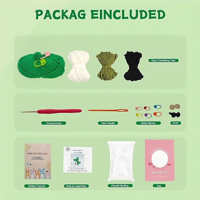 minimal beee Crocodile Crochet Kit for Beginners, Animals Easy-Peasy Yarn with Complete Starter Supplies, DIY Gift for Adults Crafts, Includes Video Tutorials & Patterns