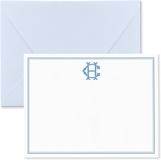 Fairmont & Grove Chic Interlocking 2 Letter Monogram Note Card and Envelope Stationery Set, Classic Monogrammed Personalized Stationary in Choice of Set Size and Colors (Monogram with Double Border)