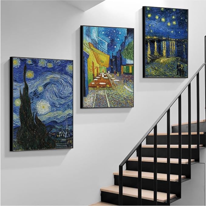 ARTFEB 3 Piece Canvas Wall Art,Classic Van Gogh Artwork Painting Reproduction,Starry Night Over The Rhone Cafe Terrace At Night Giclee Canvas Prints Wall Art for Home Office Decor(Blue, 16" X 24" X 3