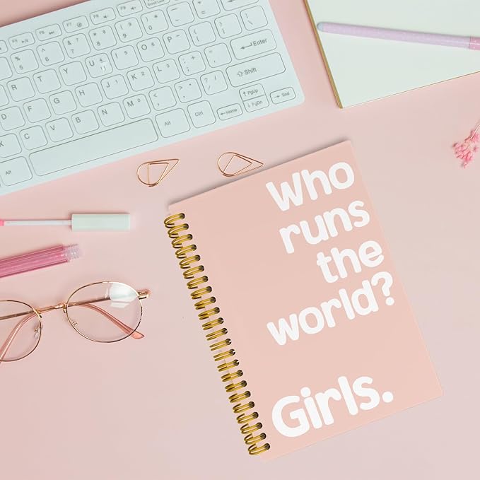 Who Runs The World Journaling Notebooks, Pink Preppy Spiral Notebook, Inspirational Gifts for Women Teen Girls, Hardcover Spiral Notebooks College Ruled 5.5 x 8.3