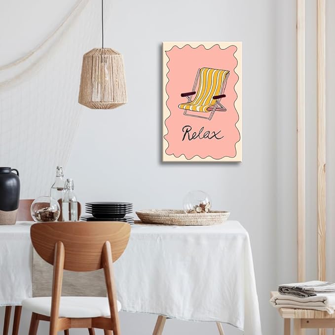 Framed Abstract Pink Yellow Ocean Coastal Beach Chair Wall Art Trendy Summer Relaxing Seaside Canvas Prints Painting Aesthetic Preppy Decor Picture for Living Room Bedroom Decoration 16x24inch