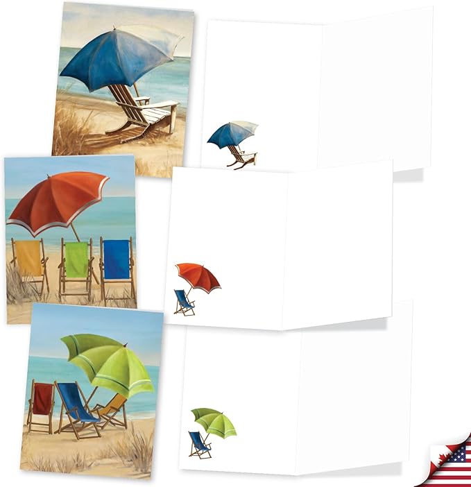 The Best Card Company 20 Assorted Nautical Blank Notecards Box Set 4 x 5.12 Envelopes For Men, Women (10x2 Each) Beach Chairs AM10692OCB-B2x10