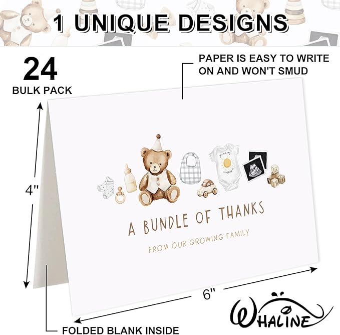 Whaline 24 Pack Bear Baby Shower Thank You Cards A Bundle of Thanks From Our Growing Family Note Cards with Envelope Sticker Greeting Blank Card for Birthday