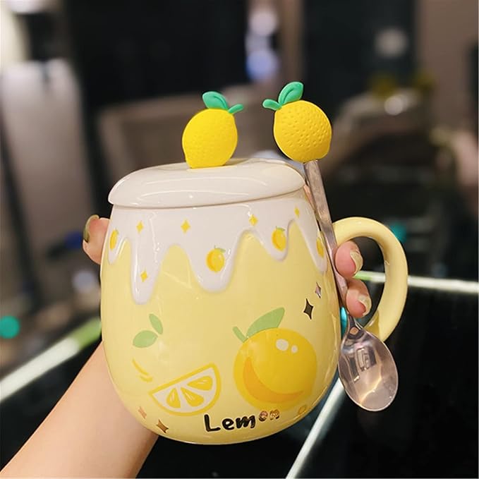 Coffee Mug Cups Ceramic Tea Cup Fruits Lemon Shaped Handmade Cute Mugs With Lid Spoon Handle Office Home Hot Ice Chocolate Milk Mugs Gifts Microwave Dishwasher Safe Travel Mugs (Yellow)
