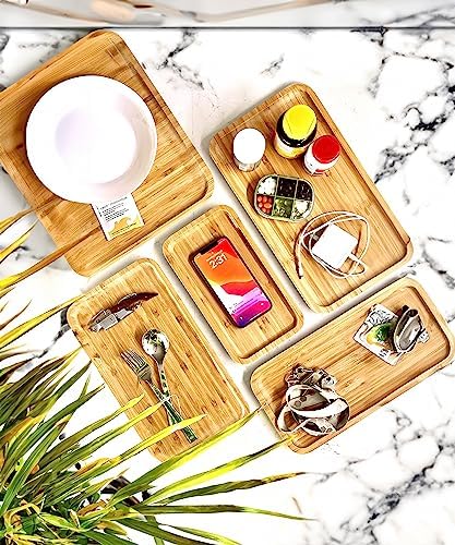 Bam&Boo Bamboo Serving Tray Natural Minimalist Rectangular (9.7” x 5.4" x 0.8") Coffee, Tea, Food, Drinks, Storage, Decor for Home, Kitchen, Bathroom - Image 2