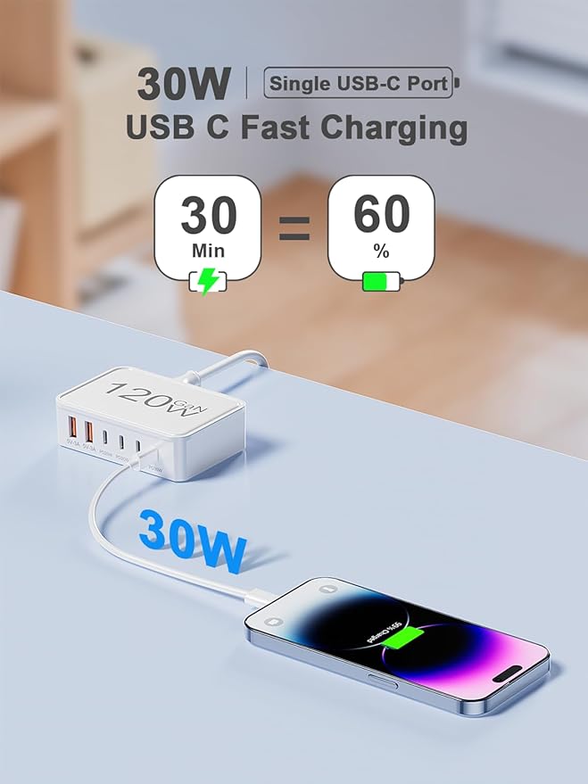 120W USB C Charger Block, 6 Port USB Charging Station for Multiple Devices, 5FT Desktop Multi Charging Hub Compatible with iPhone Samsung ipad, for Travel Home Office
