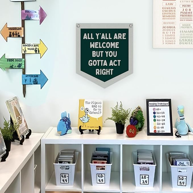 Lacama Retro Classroom Wall College Dorm Decor, All Y'all Are Welcome But You Gotta Act Right Banner, Retro Wall Hanging Banner Pennant Flag for Bedroom Kids Room Playroom Decor,12.4x14 in