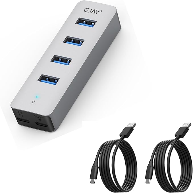 4Ports USB3.0 HUB,Extra Power Supply Port,3.3FT(1M) Long Data Cable and 3.3FT(1M) Long Power Cable,Aluminum 5Gbps High Speed USB Splitter,Multi Port Extender Hub for PC, Laptop, Mac,etc (HA-4U)