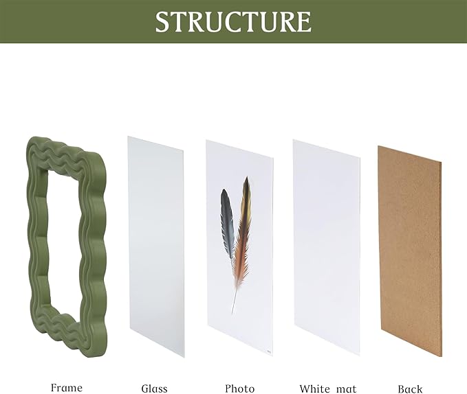 5x7 Picture Frame, Display Pictures 5x7 with Mat, Wavy Edge Wood Photo Frame for Tabletop and Wall Hanging, with Clear Plexiglass for Vertical or Horizontal Display, Green, 1 Pack