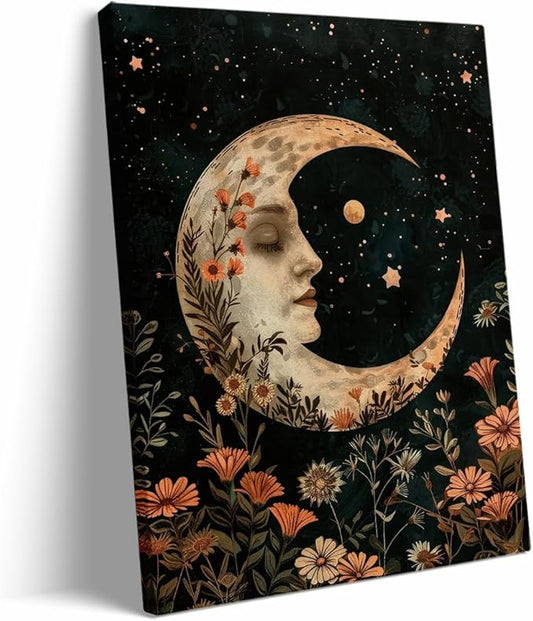 Dark Moody Crescent Moon William Morris Print,Dark Cottagecore Wall Art,Celestial Stars Floral Art Print,Witchy Academia Decor Vintage Cottagecore Decor for Bedroom Dorm 24x36in Large Frame Wall Art
