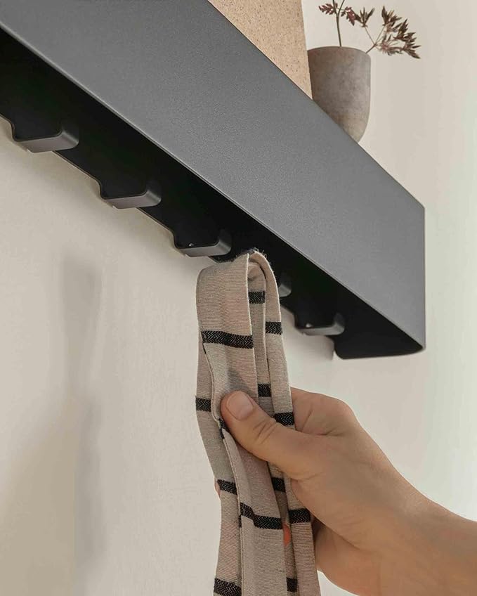 Kazai.®️ Coat Rack Wall Mount with Shelf 'Tone' | Modern Design Coat Hanger with Hidden Hooks and Storage | Hat Rack with Shelf in Metal | Wall-Mounted Purse Organizer | Black