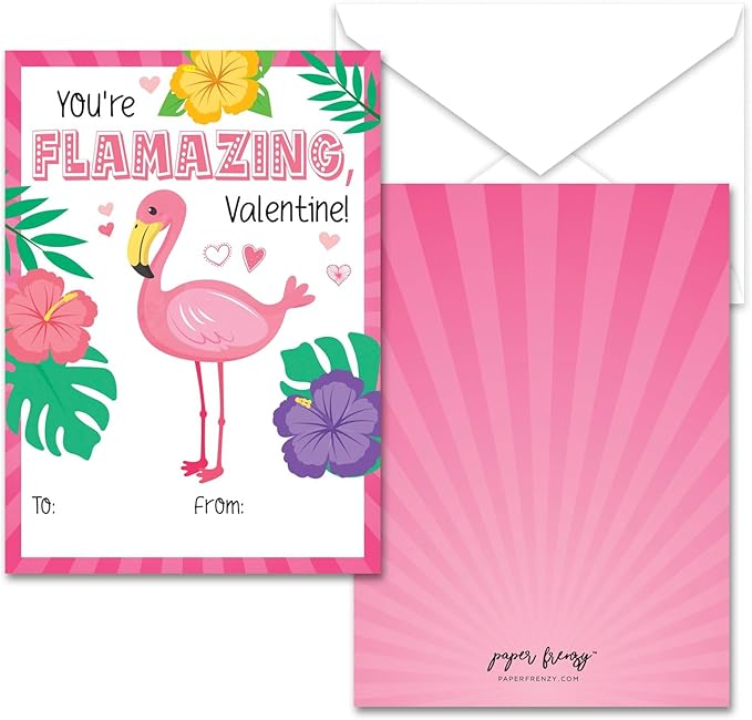 Paper Frenzy Flamingo Themed Valentines - 25 pack WITH ENVELOPES