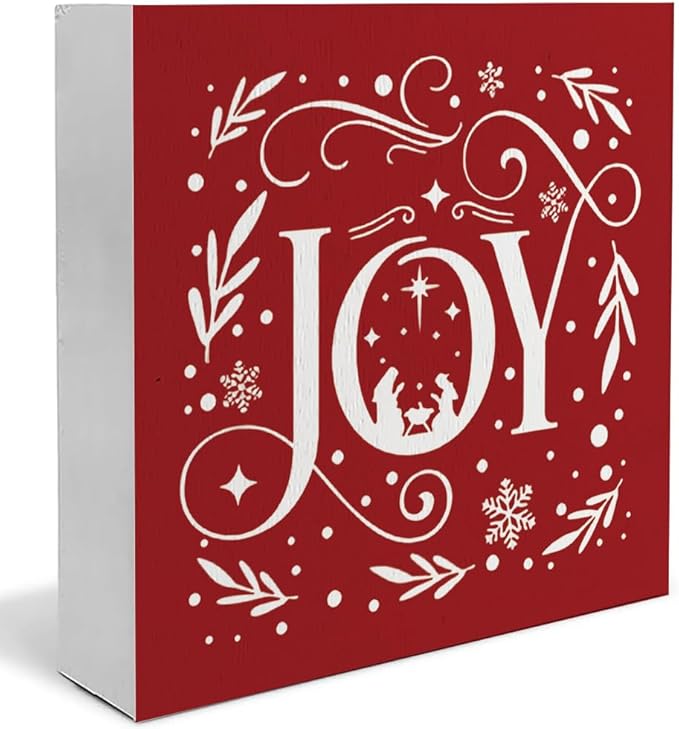 Joy Christian Christmas Wooden Box Sign, Farmhouse Red Christmas Snowflake Xmas Wood Sign for Home Office Table Shelf Decor, 5x5 Inch