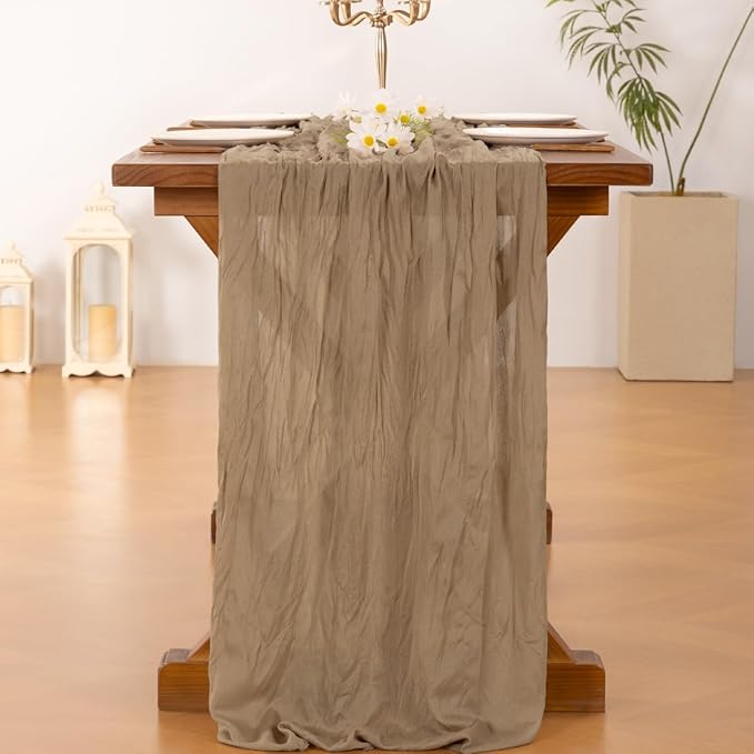 Socomi 3pcs Nude Brown Cheesecloth Table Runner Valentine's Day Boho Rustic Gauze 120 inch 10FT Cheese Cloth Runner for Wedding Party Baby Shower Birthday Home Decor Holiday Decorations