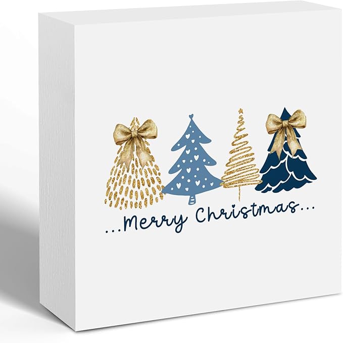Coquette Navy Blue and Gold Christmas Tree Wooden Box Sign, Christmas Desk Decor, Preppy Girly Xmas Tree Winter Wood Signs for Home Office Desk Shelf Tabletop Decor, 5x5 Inch Decorative Signage