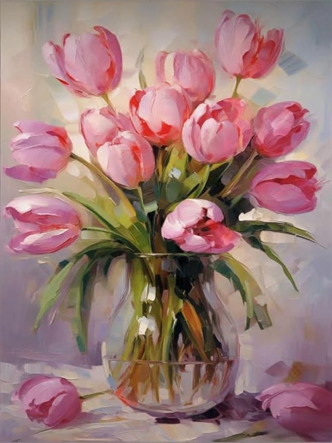NWQZBYHT Tulips Diamond Art Kits for Adults,Floral Vase 5D Diamond Painting Kits for Beginner,DIY Round Full Drill Diamond Dots,Flowers Gem Painting kit for Adults Crafts Home Wall Decor 12x16 Inch