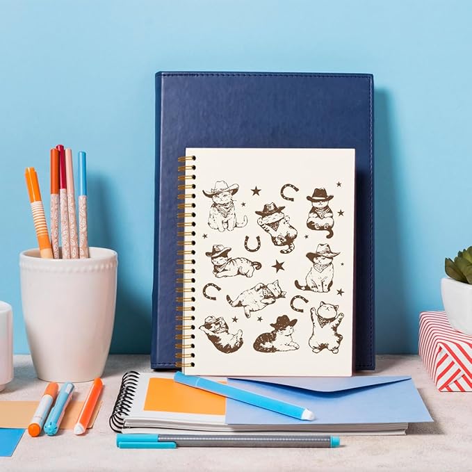 Western Cat Spiral Notebook Journal, Cat Mom Lovers Owners Gifts for Women, Vintage Western Cowboy Kittens Aesthetic Notebooks Journals for Work School Note Taking, 5.5x8.3