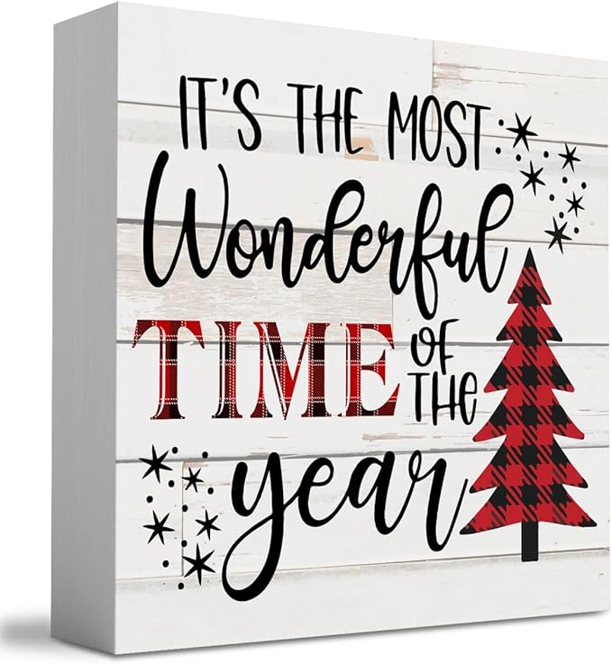 It's The Most Wonderful Time of The Year Wood Box Sign, Retro Farmhouse Christmas Santa Artwork Decor 5 x 5 Inches