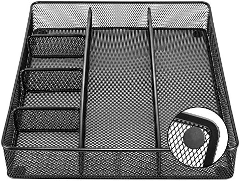 Amazon Basics Metal Mesh Desk Organizer with 6 Compartments, Anti-Slip Pen Holder Storage Tray for Office Supplies and Home, Black - Image 3