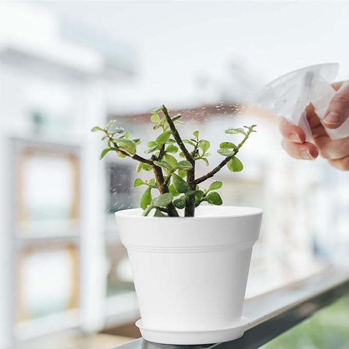 6 Pack Plastic Plant Pots with Drainage Holes and Tray, 7 inch Thickened Indoor Planters Seedlings Nursery Pots for Flowers, African Violet, Succulent and All House Plants, White