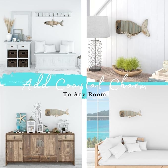 Mint Bucket Brands Driftwood Fish Nautical Wall Decor - 17" x 5.5" Handmade Wooden Rustic Coastal Wall Art for Living Room, Bedroom, Office, Bathroom - Ocean Beach Decoration (Wally)