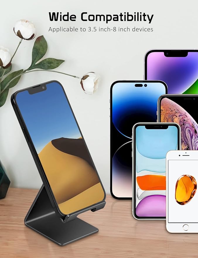Phone Stand, Aluminum Phone Holder for iPhone 16 15 14 13 12 11 X 8 7 6 Plus 5, Tablet, Samsung, Huawei, Suitable for All Smartphones, Adding a Touch of Style to Your Office Decor, Black