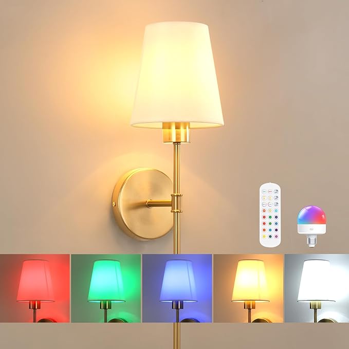 Battery Operated Wall Sconce, 120H Usage Time 22.6" Rechargeable Wall Light with Dimmable Bulb, 12 Colors Wall Sconce for Bedroom Living Room, Gold