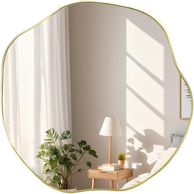 POZINO Irregular Shaped Mirror, 16" Asymmetrical Mirror, Gold Scalloped Rounded Mirrors, Modern Frameless Abstract Mirrors for Living Room Bedroom Bathroom Entryway Fireplace Hallway