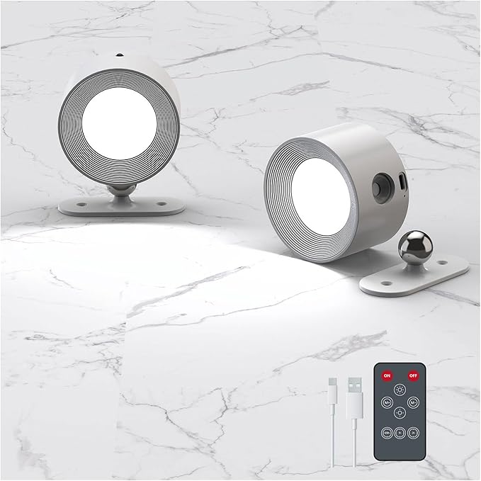 Romote LED Wall Sconce - Rechargeable Wall Light, 3 Colors & 3 Brightness Levels, 360째 Magnetic Rotating Head, Bedside Reading Lamp, Easy Install Battery Operated Lamp White Pack of 2