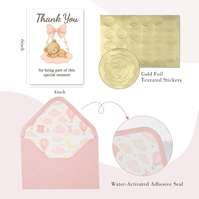 C2U Baby Shower Thank You Cards for Girl - 48 Pack with Envelopes & Gold Stickers,Baby Shower Greeting Cards Bulk for Newborn Party