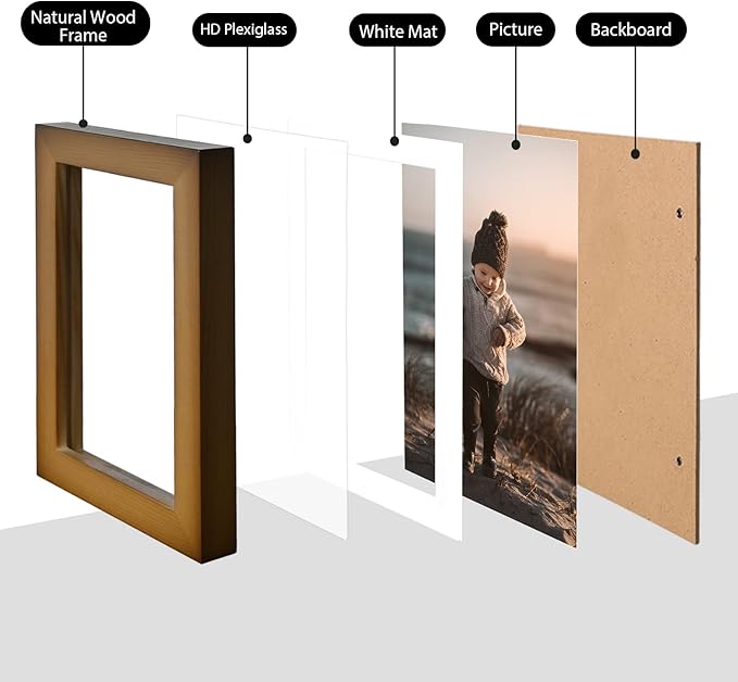 KINLINK 4x6 Frame Brown, Solid Wood 4 x 6 Picture Frame with Acrylic Plexiglass for 3.5x5 with Mat, Tabletop and Wall Display Photo Frames 4x6 Brown, 4 Pack