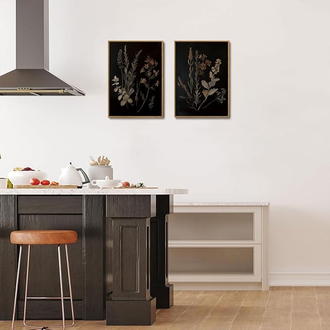 YOYIAXT 2 Pieces Dark Botanical Canvas Wall Art Vintage Moody Floral Framed Wall Art Modern Rustic Gothic Dark Academia Aesthetic Flower Art Print Artwork For Bedroom Living room Office, 16x24 in