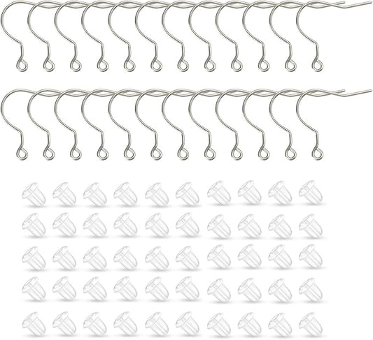 24pcs 20G Big Pure Titanium Earring Fish Hooks with 50pcs Silicone Earring Backs DIY Earrings Findings for Jewelry Making, Hypoallergenic Earring Hooks Making Kit for Women Men Sensitive Ears