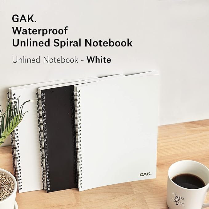 GAK. Stone Paper Notebook | No Lines Spiral Notebook Waterproof Sheet Aesthetic Journal for Note Taking | Notebooks for Work & Aesthetic School Supplies | Large Size, White (7.2”x10.1”, 50 sheets)