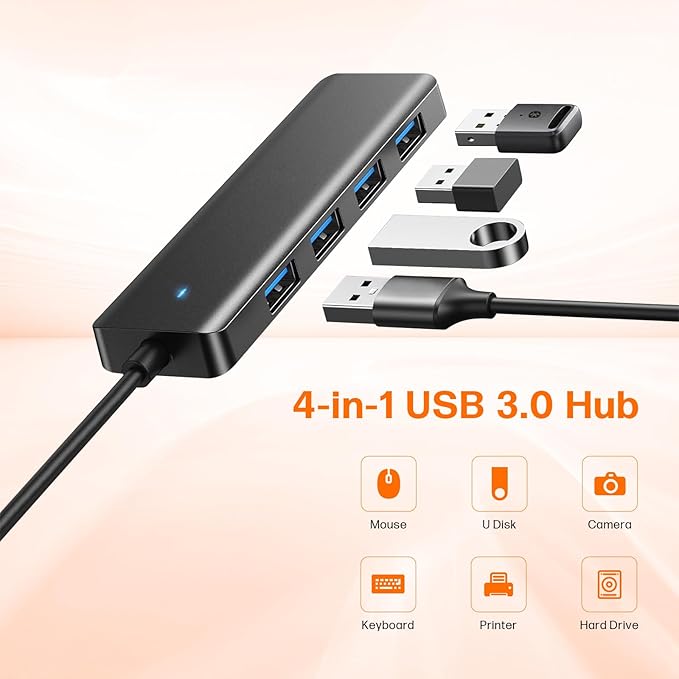 USB Hub 4 Ports, Multiple USB 3.0 Hub, USB A Splitter Ultra-Slim USB Expander for Mouse, Keyboard, Flash Drive, U Disk, Printer, Laptop PC, Desktop and More