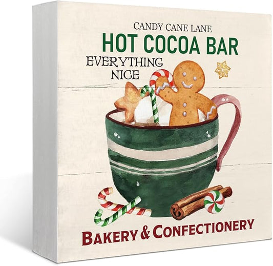 Christmas Gingerbread Decorations Wooden Box, Mini Coco Wood Sign, Hot Cocoa Bar Sign, Gingerbread Christmas Decor for Kitchen Home Table Desk, 5x5