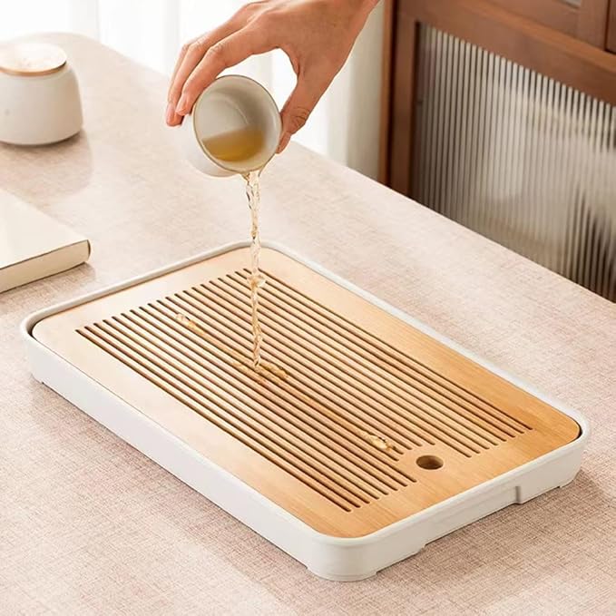 14 Inch Bamboo Chinese Gongfu Tea Tray Table Box with Water Storage for Kungfu Tea Set (Style 5 White)