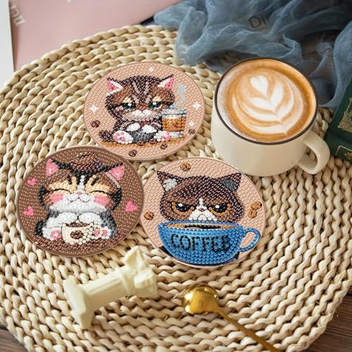 Clendo 8 PCS Diamond Art Coasters - Cat Coffee Diamond Painting Coasters Kits with Holder Cork Pads DIY for Beginners, Adults, Diamonds Art Crafts Supplies - Image 4