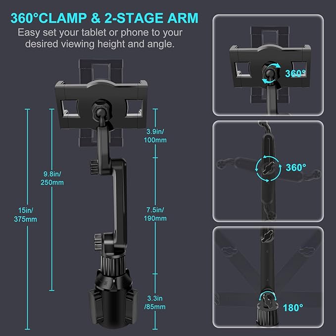 Cup Holder Car Tablet Mount for Truck, 360° Adjustable 15" Long 2-Arm Stand Holder for iPad Pro 12.9/11/10.5/9.7/Air/Mini 6/5/4, Samsung Galaxy Tab/Z Fold 6/5/4, iPhone 17/16/Pro, 4.7-12.9" Tab &Phone