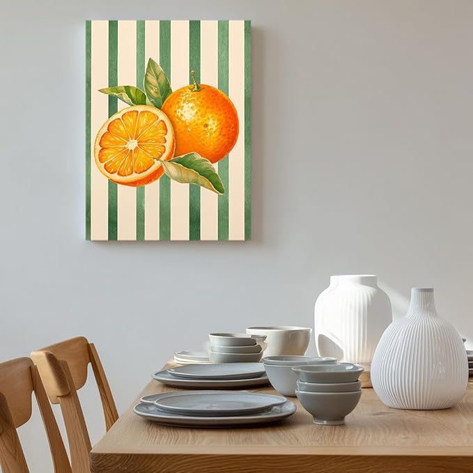Orange Citrus Watercolor Wall Art – Fresh Fruit Botanical Print – Modern Kitchen Decor with Green Stripes – Summer Fruit Illustration Canvas Poster 24x32inch-Framed
